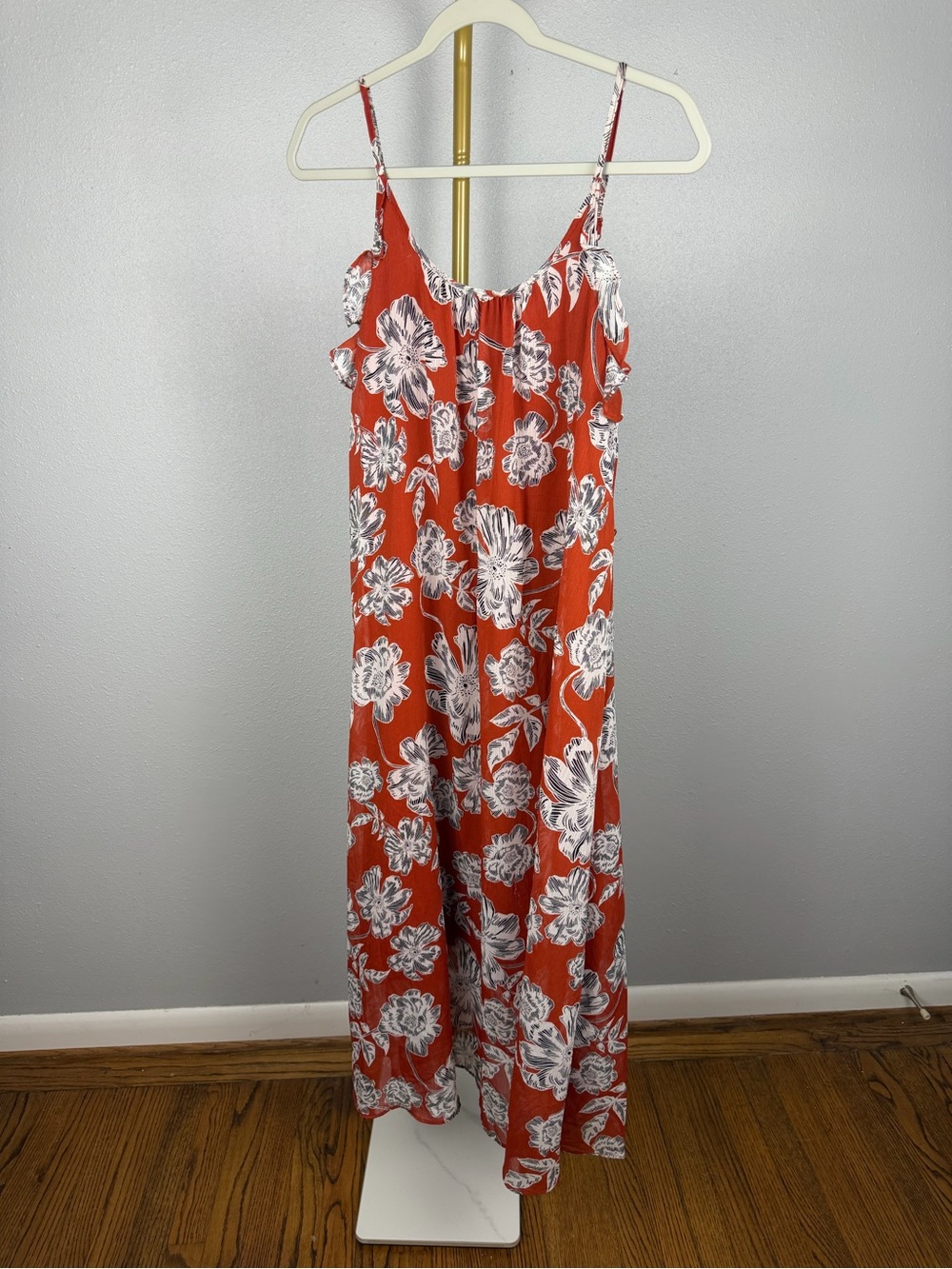 Who What Wear Rust Floral Cold Shoulder Ruffle Maxi Dress XS Orange Berry